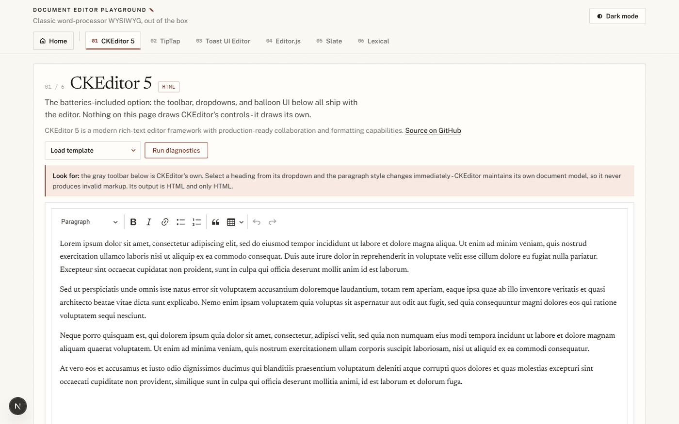The CKEditor 5 workspace inside DocEditorPlayground, with its own toolbar and a loaded sample document.