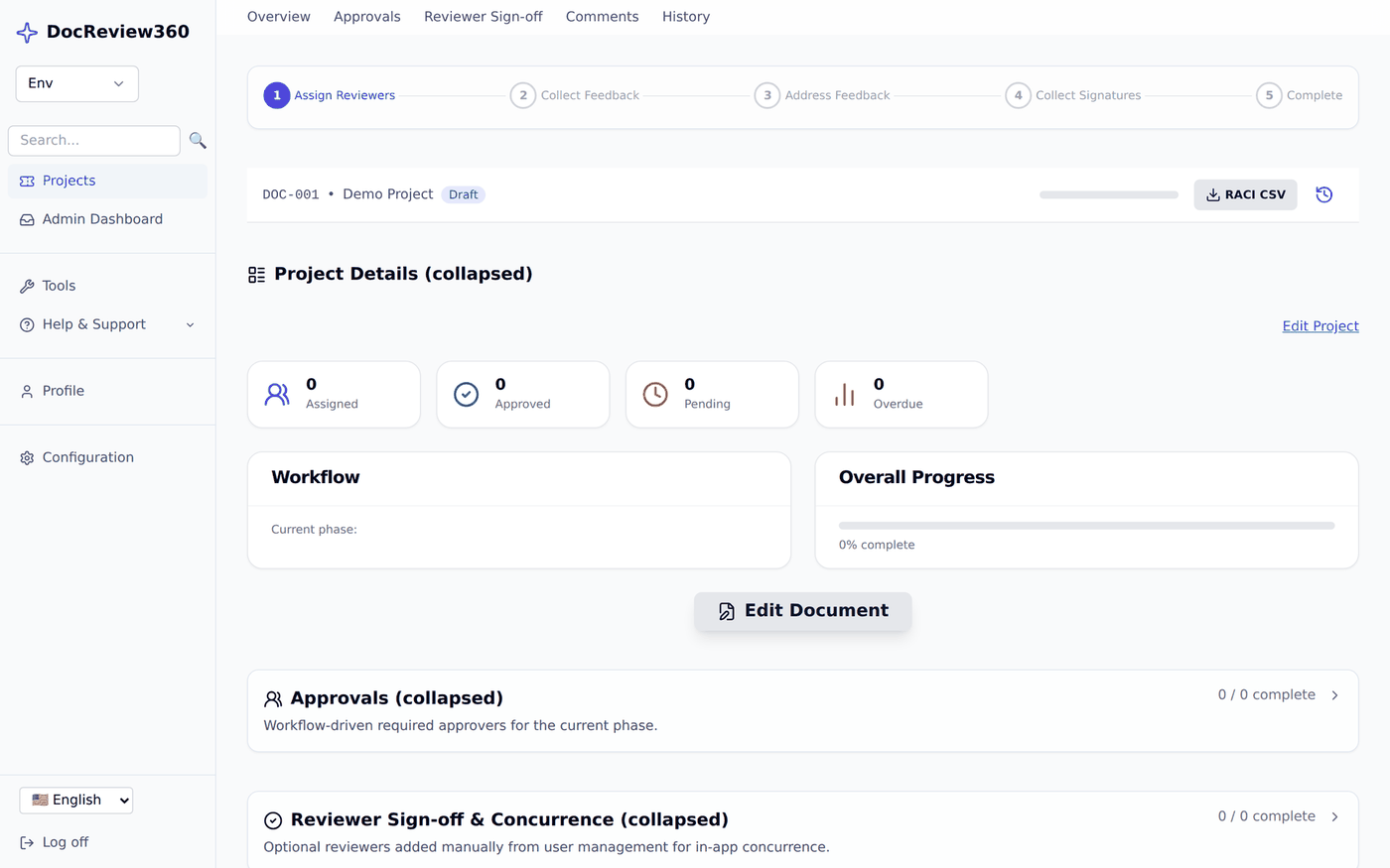 A DocReview360 project moving through its approval workflow phases: Assign Reviewers, Collect Feedback, Address Feedback, Collect Signatures, Complete.