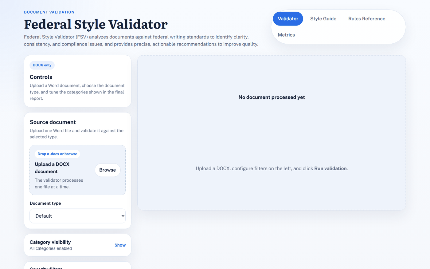 FedStyleValidator upload panel, ready to validate a Word document, with document type and category filters.
