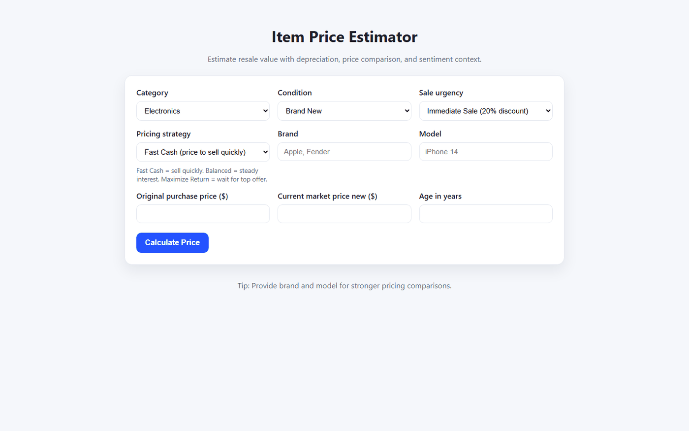 SellingPriceEstimator form with category, condition, sale urgency, pricing strategy, brand, and model fields.