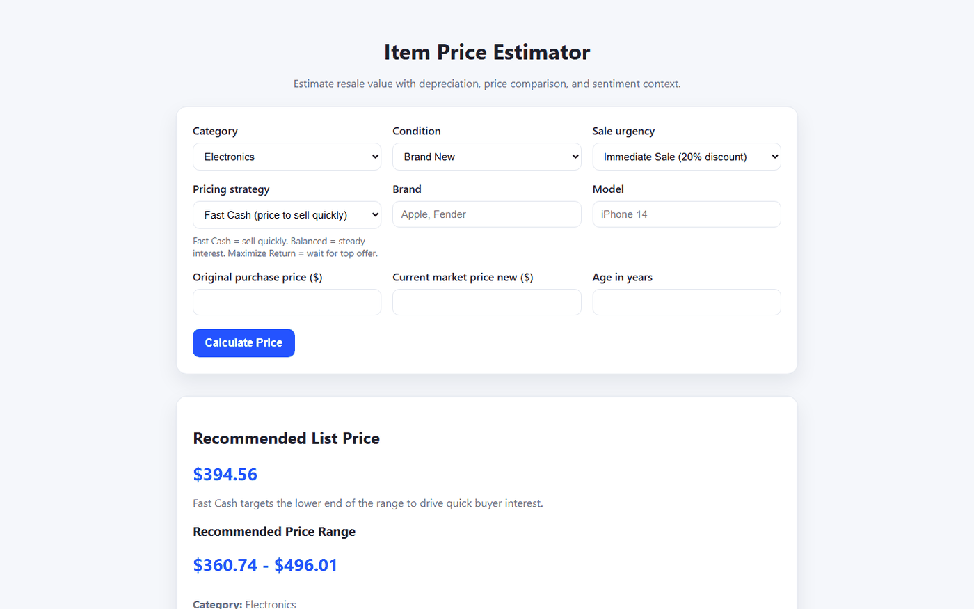 SellingPriceEstimator result showing a recommended list price and price range after calculating.