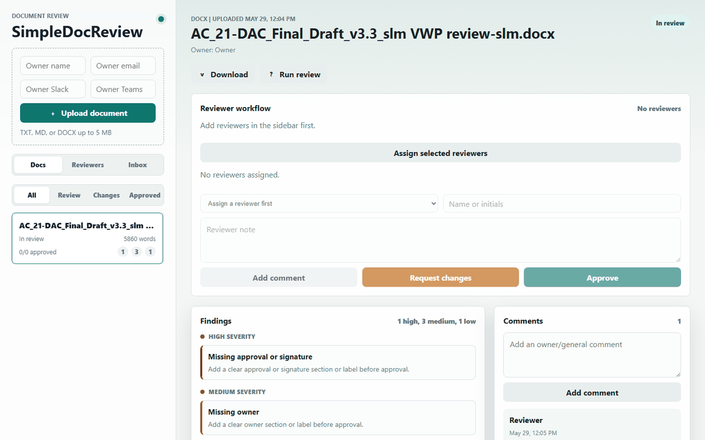 SimpleDocReview workspace showing a document under review, reviewer assignment, findings by severity, and comments.